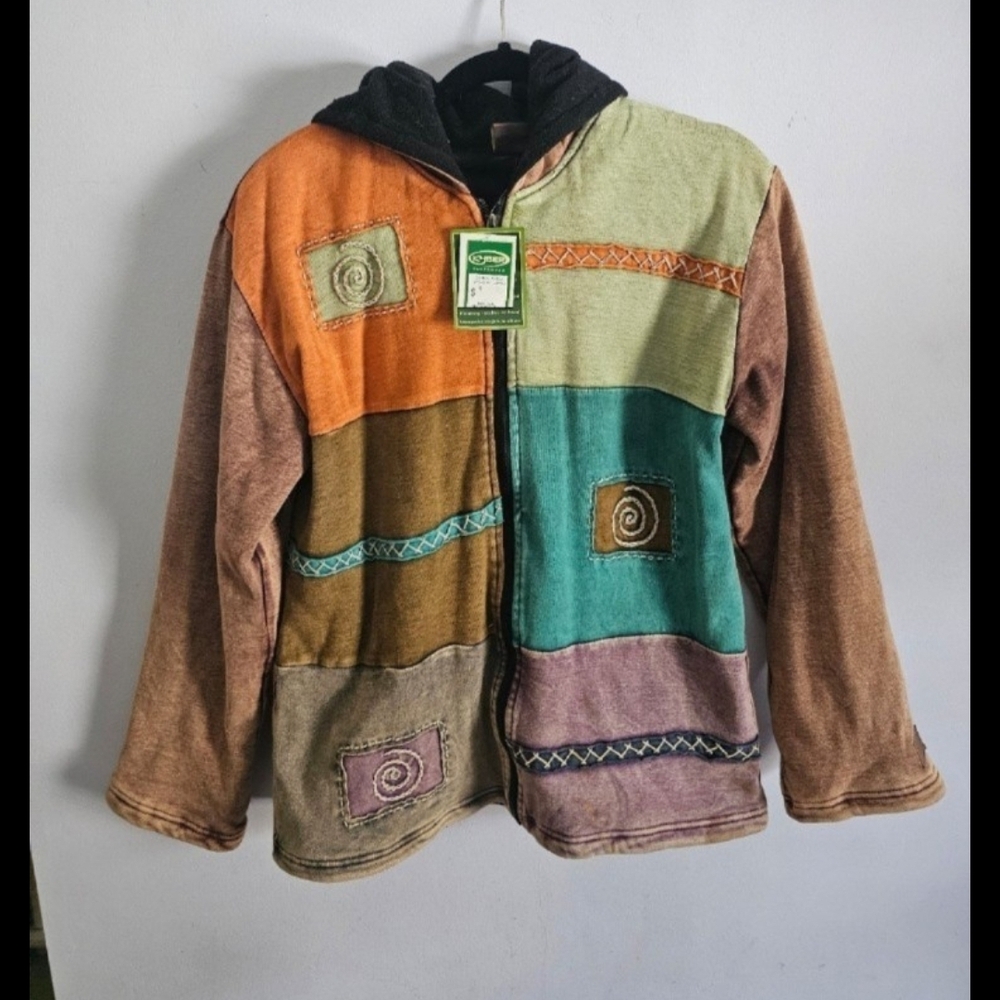 Multicolor Patchwork Teddy Hooded Jacket/Sweatshirt By Kyber NWT‎